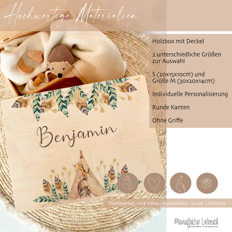 Personalisierte Erinnerungskiste "Boho Tiere" als Motiv für Babys zur Geburt und Taufe, Babygeschenk mit dem Namen, Holzkiste