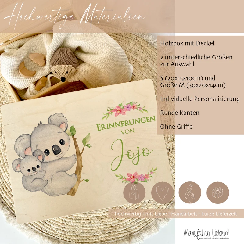 Personalisierte Erinnerungskiste mit Koala Motiv für Babys zur Geburt und Taufe, Babygeschenk mit dem Namen, Holzkiste