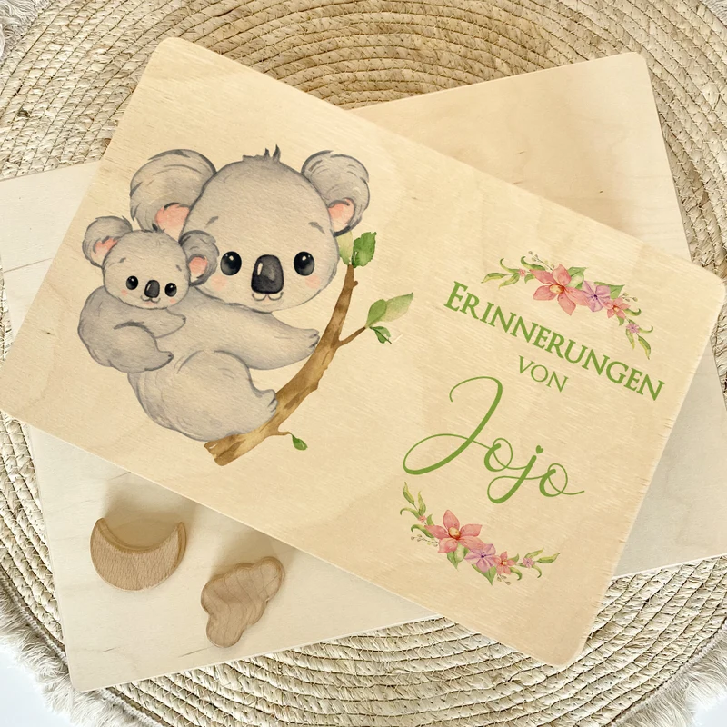 Personalisierte Erinnerungskiste mit Koala Motiv für Babys zur Geburt und Taufe, Babygeschenk mit dem Namen, Holzkiste