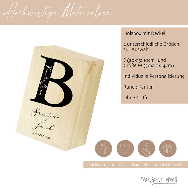 Personalisierte Erinnerungskiste zur Hochzeit mit Monogram, Holzbox, Hochzeitsgeschenk