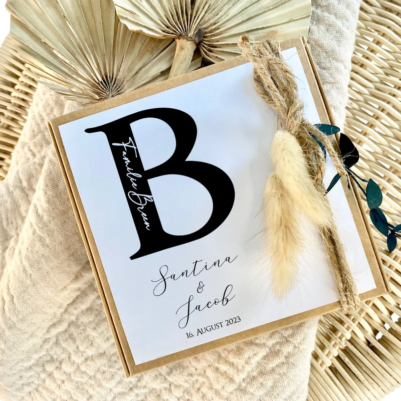 Zur Hochzeit - Personalisierte Geschenkverpackung mit Monogram, Individuelles Geldgeschenk inkl. Jutebeutel