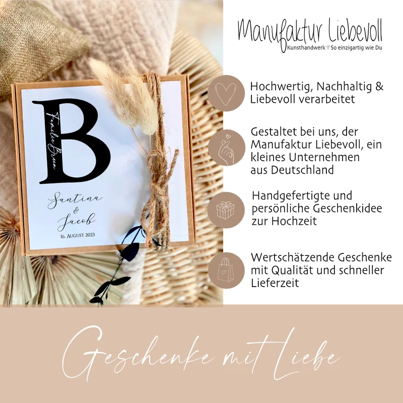 Zur Hochzeit - Personalisierte Geschenkverpackung mit Monogram, Individuelles Geldgeschenk inkl. Jutebeutel