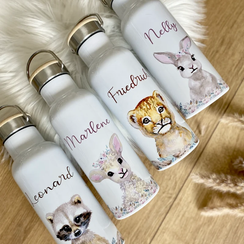 Trinkflasche "Hase" mit Namen für Kinder personalisiert | Kindertrinkflasche für Mädchen u. Jungen mit Tiermotiv | Thermosflasche aus Edelstahl | 500ml | 11 Motivvarianten zur Auswahl