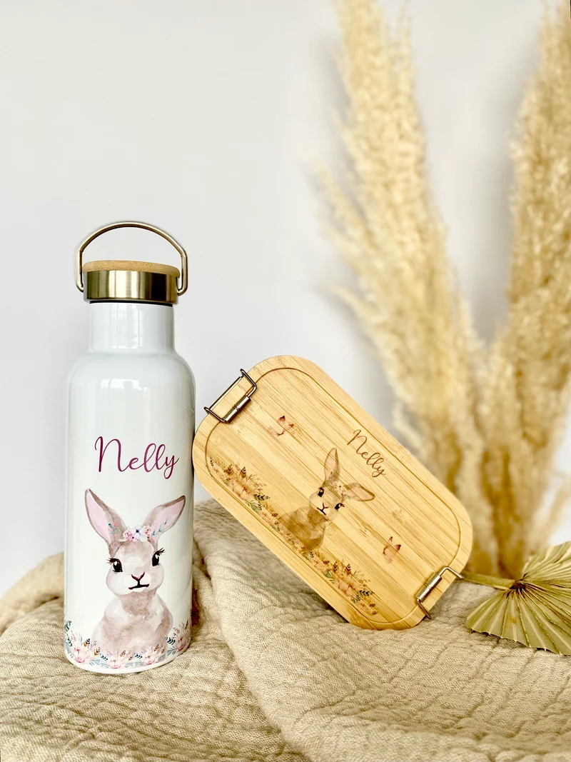 Kindertrinkflasche "Hase Blumen" mit Namen für Kinder personalisiert | Trinkflasche für Mädchen mit Häschen | Thermosflasche aus Edelstahl | 500ml | 11 Motivvarianten zur Auswahl