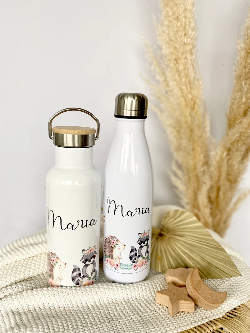 Kindertrinkflasche "Hase Blumen" mit Namen für Kinder personalisiert | Trinkflasche für Mädchen mit Häschen | Thermosflasche aus Edelstahl | 500ml | 11 Motivvarianten zur Auswahl