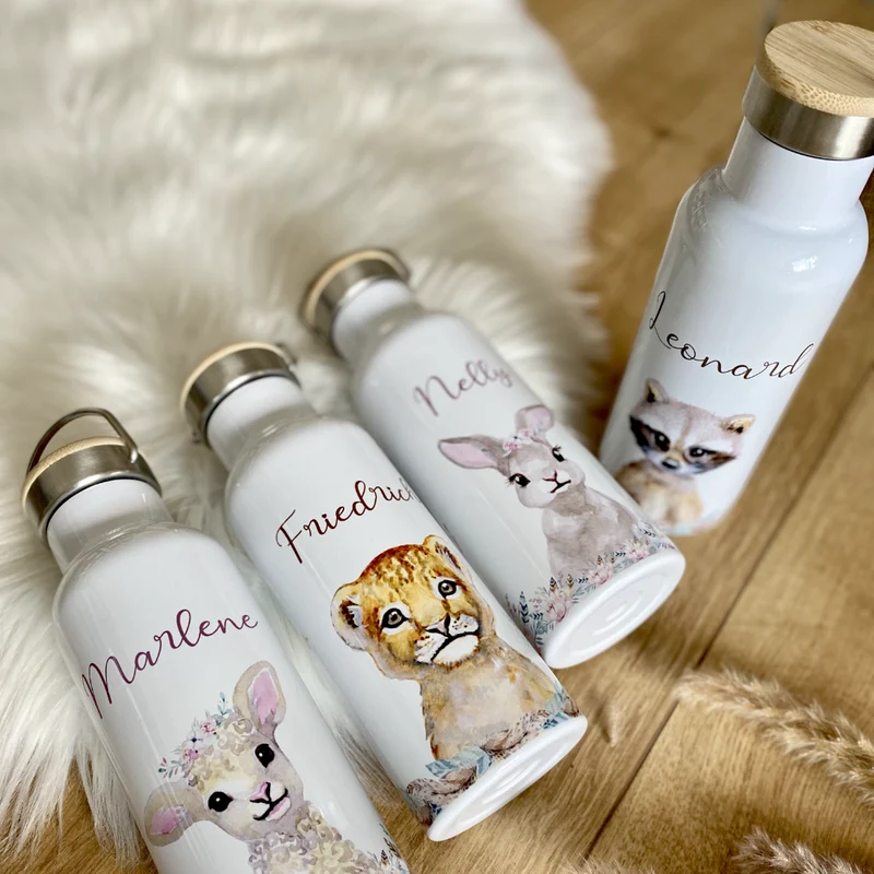Trinkflasche "Rehkitz" mit Namen für Kinder personalisiert | Kindertrinkflasche Bambi für Mädchen | Thermosflasche aus Edelstahl | 500ml | 11 Motivvarianten zur Auswahl
