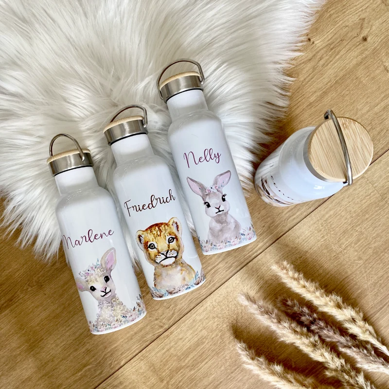 Thermosflasche "Elefant" mit Namen für Kinder personalisiert | Kindertrinkflasche für Mädchen u. Jungen mit Tiermotiv | Trinkflasche aus Edelstahl | 500ml | 11 Motivvarianten zur Auswahl