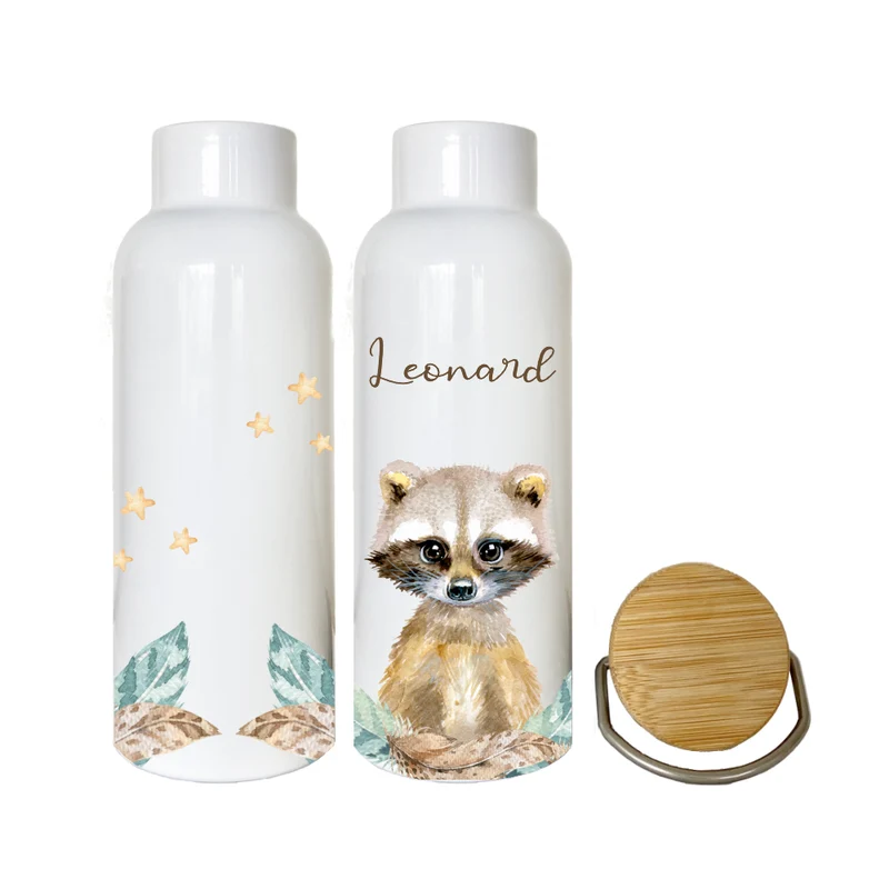 Trinkflasche "Waschbär" mit Namen für Kinder personalisiert | Kindertrinkflasche für Mädchen u. Jungen mit Tiermotiv | Thermosflasche aus Edelstahl | 500ml | 11 Motivvarianten zur Auswahl