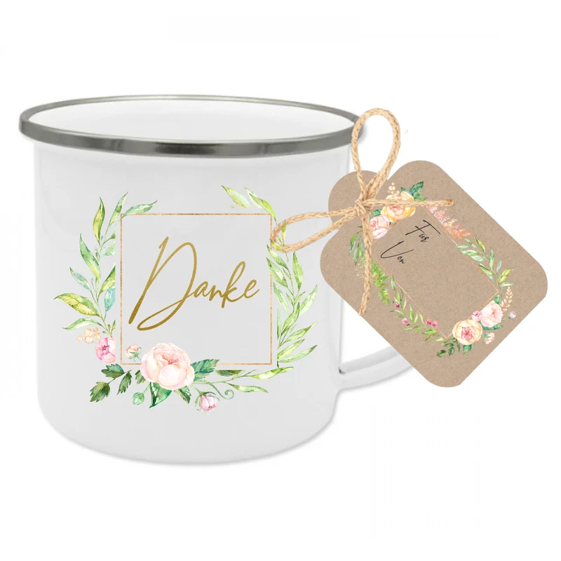 Tasse aus Emaille "Danke" | Dankeschön Geschenk im floralen Design | Tassengeschenk um Danke zu sagen