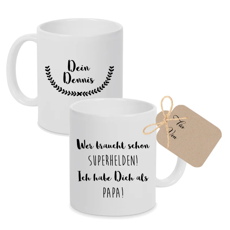 Tasse aus Keramik "Wer braucht schon Superhelden" | Personalisiertes Geschenk für den Papa
