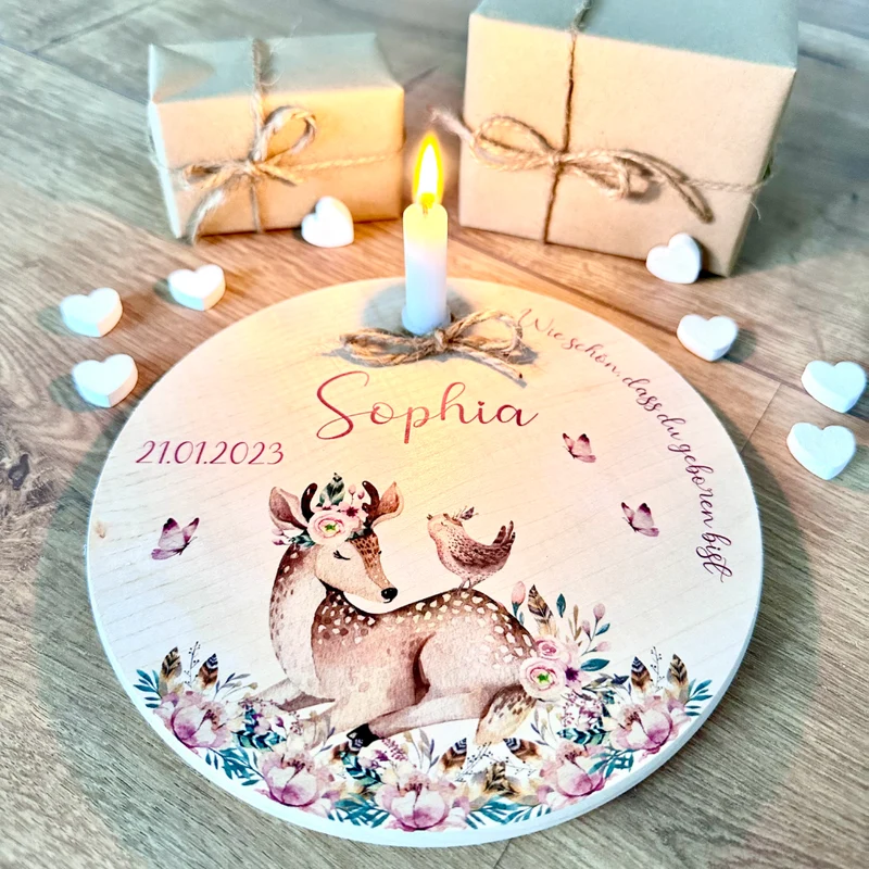 Geburtstagsteller "Rehkitz" für Kinder | Personalisierter Kerzenteller aus Holz für Mädchen und Jungen + Kerze | Geschenkidee zur Geburt, Taufe, Kindergeburtstag | weitere Motive zur Auswahl