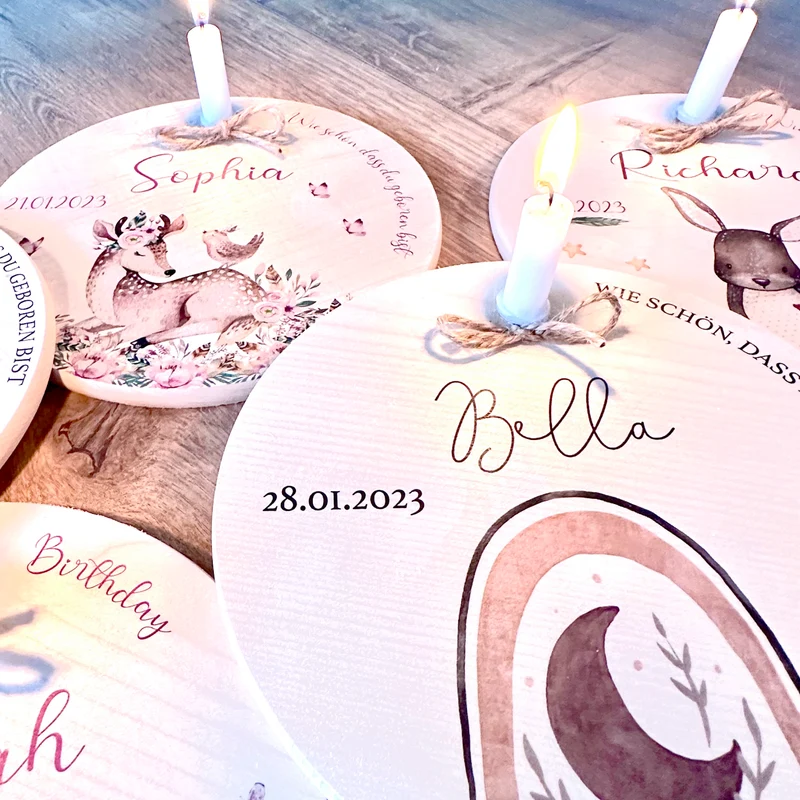 Geburtstagsteller "Rehkitz" für Kinder | Personalisierter Kerzenteller aus Holz für Mädchen und Jungen + Kerze | Geschenkidee zur Geburt, Taufe, Kindergeburtstag | weitere Motive zur Auswahl