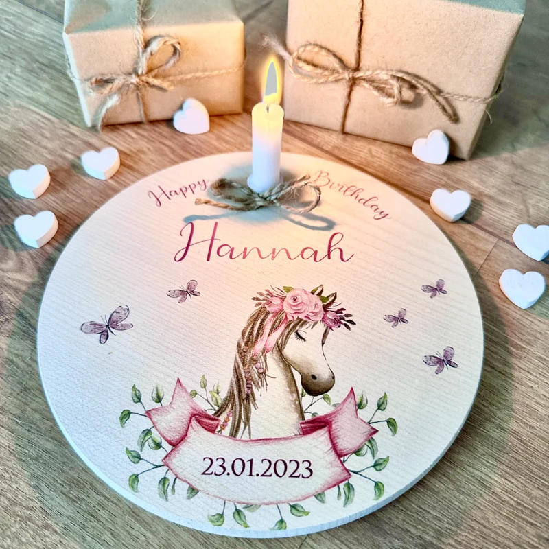 Geburtstagsteller "Pony" für Kinder | Personalisierter Kerzenteller aus Holz für Mädchen und Jungen + Kerze | Geschenkidee zur Geburt, Taufe, Kindergeburtstag | weitere Motive zur Auswahl