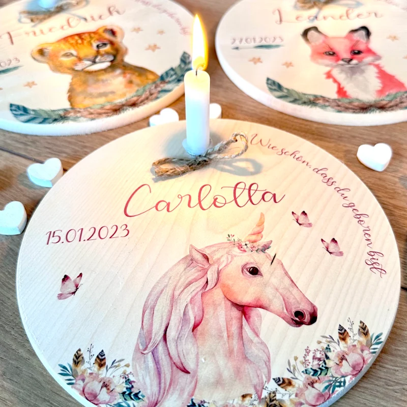 Geburtstagsteller "Hase" für Kinder | Personalisierter Kerzenteller aus Holz für Mädchen und Jungen + Kerze | Geschenkidee zum Geburt, Taufe, Kindergeburtstag | weitere Motive zur Auswahl