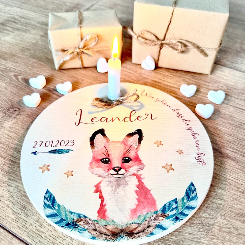 Kerzenteller "Fuchs" für Kinder | Personalisierter Geburtstagsteller aus Holz für Mädchen und Jungen + Kerze | Geschenkidee zur Geburt, Taufe, Kindergeburtstag | weitere Motive zur Auswahl