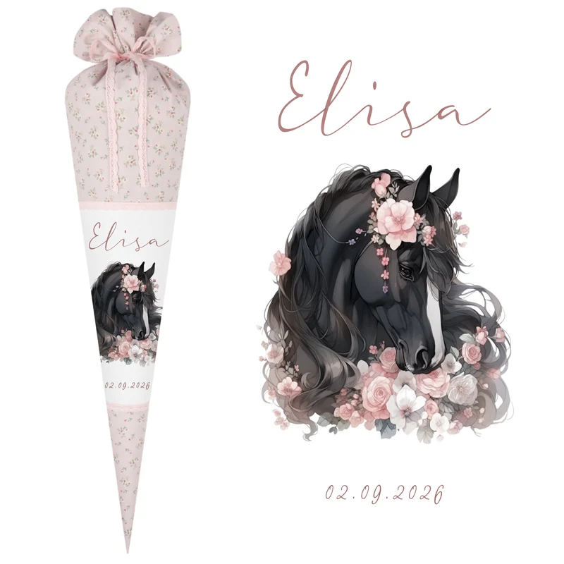 Pferd & Pony Stoff Schultüte für Mädchen mit Namen personalisiert Boho Zuckertüte Einschulungstüte Einschulung Datum Blumen Füllkissen 70 cm handgenäht I Optional mit Füllkissen und Spitzenschutz