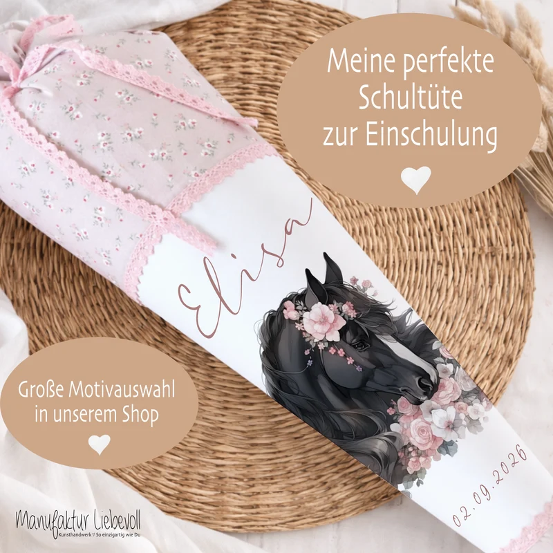 Pferd & Pony Stoff Schultüte für Mädchen mit Namen personalisiert Boho Zuckertüte Einschulungstüte Einschulung Datum Blumen Füllkissen 70 cm handgenäht I Optional mit Füllkissen und Spitzenschutz