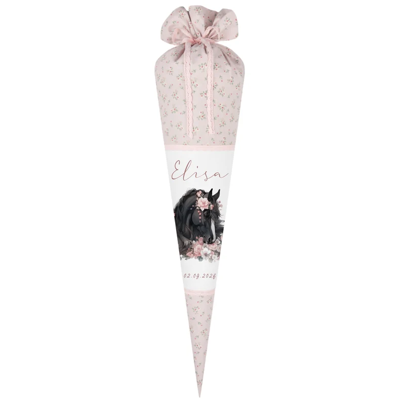 Pferd & Pony Stoff Schultüte für Mädchen mit Namen personalisiert Boho Zuckertüte Einschulungstüte Einschulung Datum Blumen Füllkissen 70 cm handgenäht I Optional mit Füllkissen und Spitzenschutz