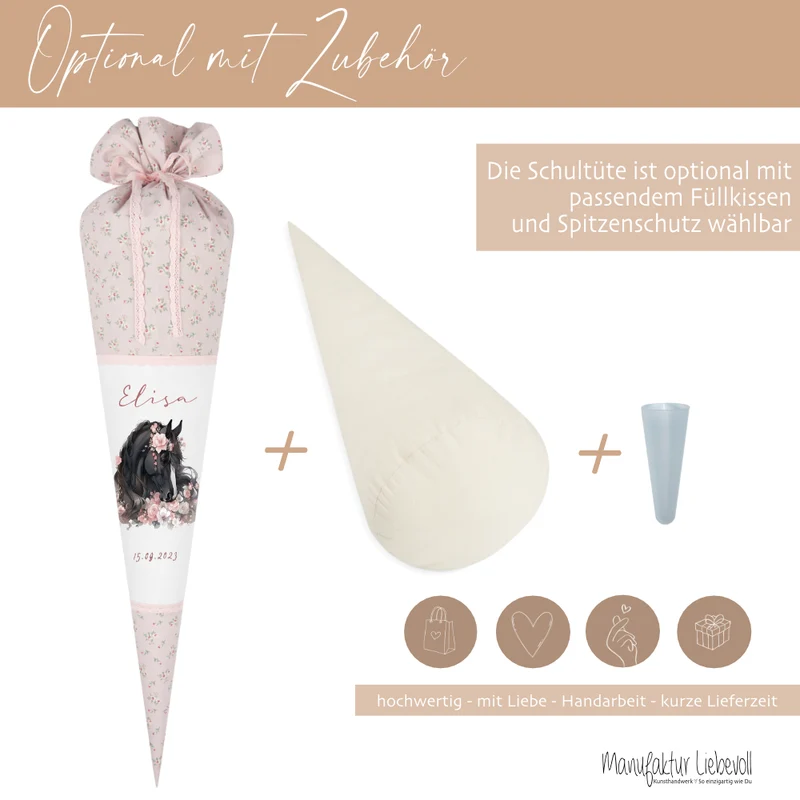 Pferd & Pony Stoff Schultüte für Mädchen mit Namen personalisiert Boho Zuckertüte Einschulungstüte Einschulung Datum Blumen Füllkissen 70 cm handgenäht I Optional mit Füllkissen und Spitzenschutz