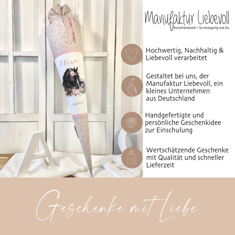 Pferd & Pony Stoff Schultüte für Mädchen mit Namen personalisiert Boho Zuckertüte Einschulungstüte Einschulung Datum Blumen Füllkissen 70 cm handgenäht I Optional mit Füllkissen und Spitzenschutz
