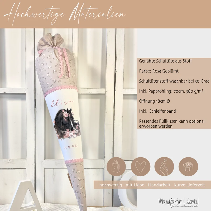 Pferd & Pony Stoff Schultüte für Mädchen mit Namen personalisiert Boho Zuckertüte Einschulungstüte Einschulung Datum Blumen Füllkissen 70 cm handgenäht I Optional mit Füllkissen und Spitzenschutz