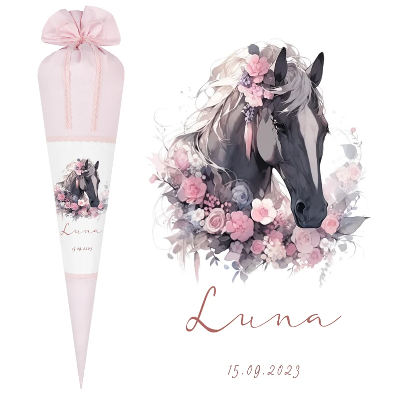 Pferde Zuckertüte Pony in rosa für Mädchen mit Namen Stoff Schultüte personalisiert Einschulungstüte Einschulung Datum Blumen 70 cm I Optional mit Füllkissen und Spitzenschutz