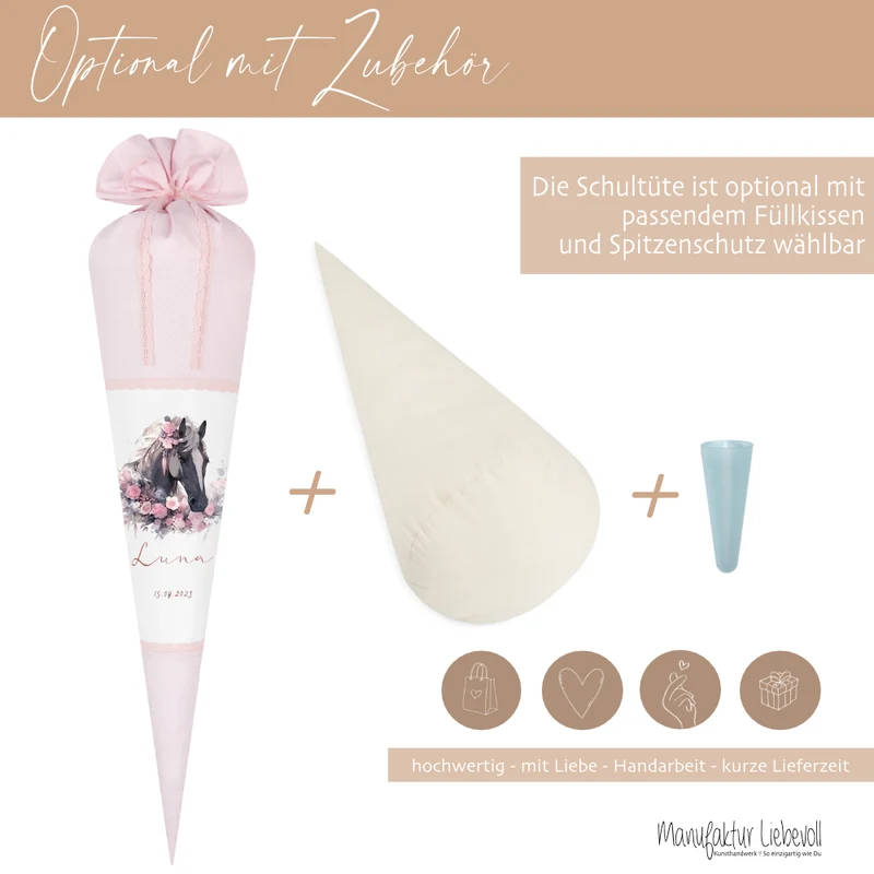 Pferde Zuckertüte Pony in rosa für Mädchen mit Namen Stoff Schultüte personalisiert Einschulungstüte Einschulung Datum Blumen 70 cm I Optional mit Füllkissen und Spitzenschutz