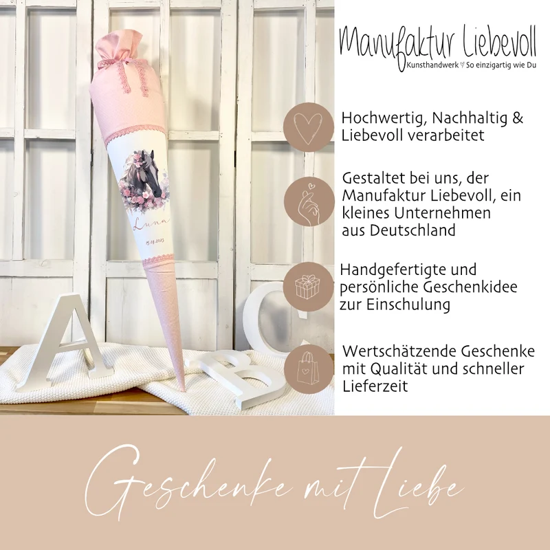 Pferde Zuckertüte Pony in rosa für Mädchen mit Namen Stoff Schultüte personalisiert Einschulungstüte Einschulung Datum Blumen 70 cm I Optional mit Füllkissen und Spitzenschutz