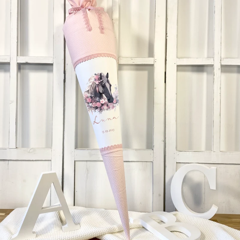 Pferde Zuckertüte Pony in rosa für Mädchen mit Namen Stoff Schultüte personalisiert Einschulungstüte Einschulung Datum Blumen 70 cm I Optional mit Füllkissen und Spitzenschutz