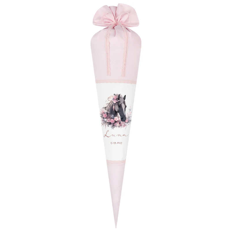 Pferde Zuckertüte Pony in rosa für Mädchen mit Namen Stoff Schultüte personalisiert Einschulungstüte Einschulung Datum Blumen 70 cm I Optional mit Füllkissen und Spitzenschutz