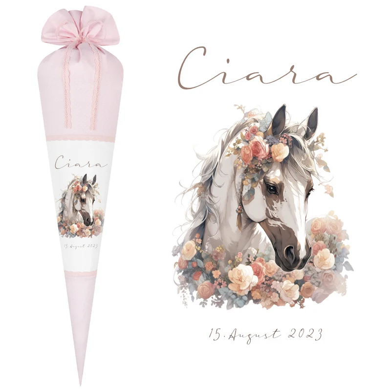 Pferde Stoff Schultüte Pony Zuckertüte in Rosa für Mädchen mit Namen Einschulungstüte Einschulung Datum Blumen Füllkissen 70 cm I Optional mit Füllkissen und Spitzenschutz