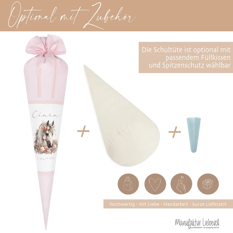 Pferde Stoff Schultüte Pony Zuckertüte in Rosa für Mädchen mit Namen Einschulungstüte Einschulung Datum Blumen Füllkissen 70 cm I Optional mit Füllkissen und Spitzenschutz