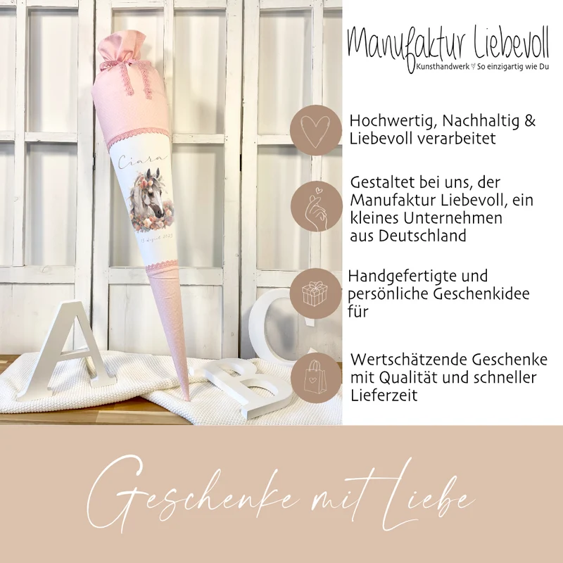 Pferde Stoff Schultüte Pony Zuckertüte in Rosa für Mädchen mit Namen Einschulungstüte Einschulung Datum Blumen Füllkissen 70 cm I Optional mit Füllkissen und Spitzenschutz