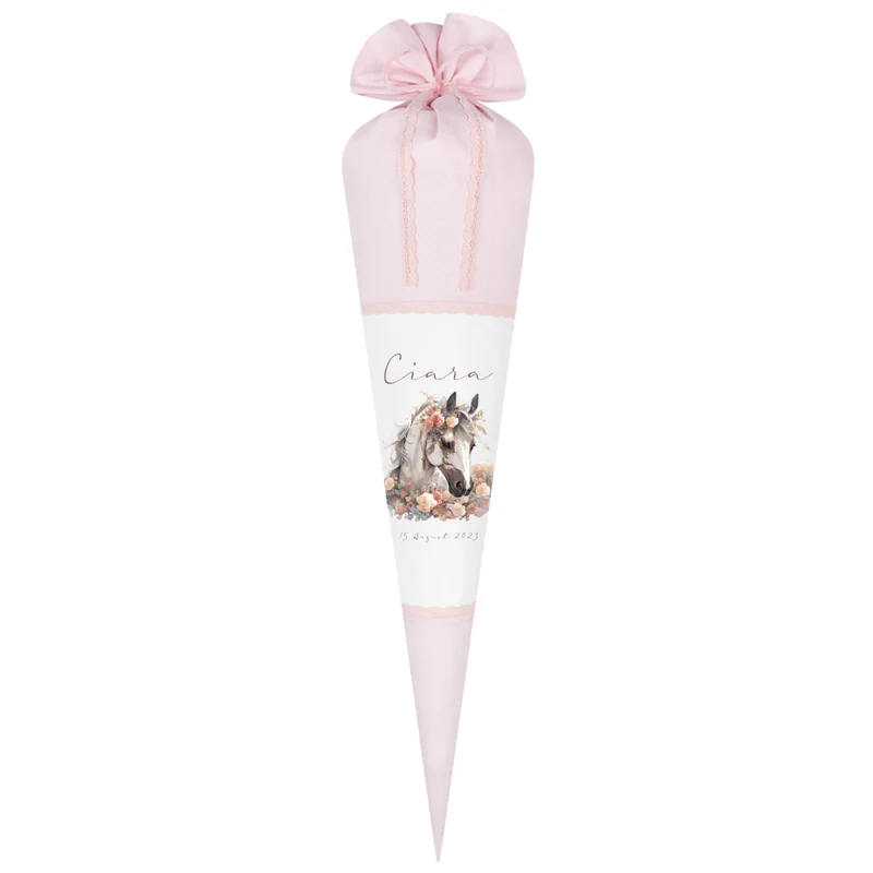 Pferde Stoff Schultüte Pony Zuckertüte in Rosa für Mädchen mit Namen Einschulungstüte Einschulung Datum Blumen Füllkissen 70 cm I Optional mit Füllkissen und Spitzenschutz