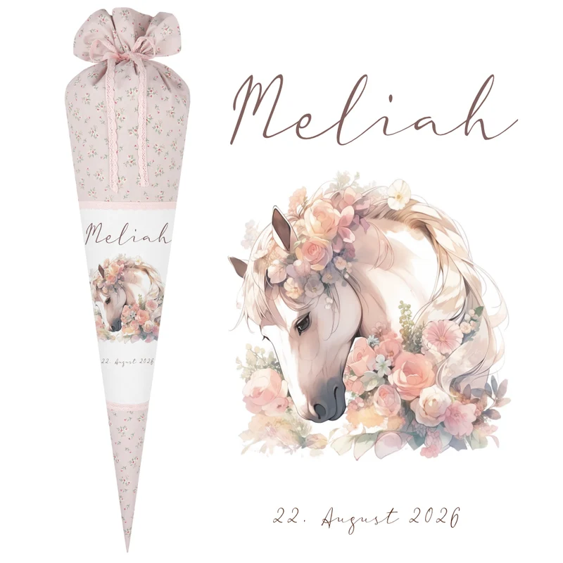 Personalisierte rosa Stoff Zuckertüte Pferd Schultüte Pony für Mädchen mit Namen Einschulungstüte Einschulung Datum Blumen Füllkissen 70 cm I Optional mit Füllkissen und Spitzenschutz