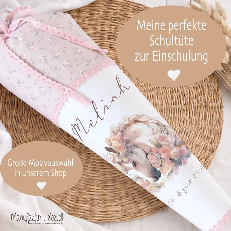 Personalisierte rosa Stoff Zuckertüte Pferd Schultüte Pony für Mädchen mit Namen Einschulungstüte Einschulung Datum Blumen Füllkissen 70 cm I Optional mit Füllkissen und Spitzenschutz