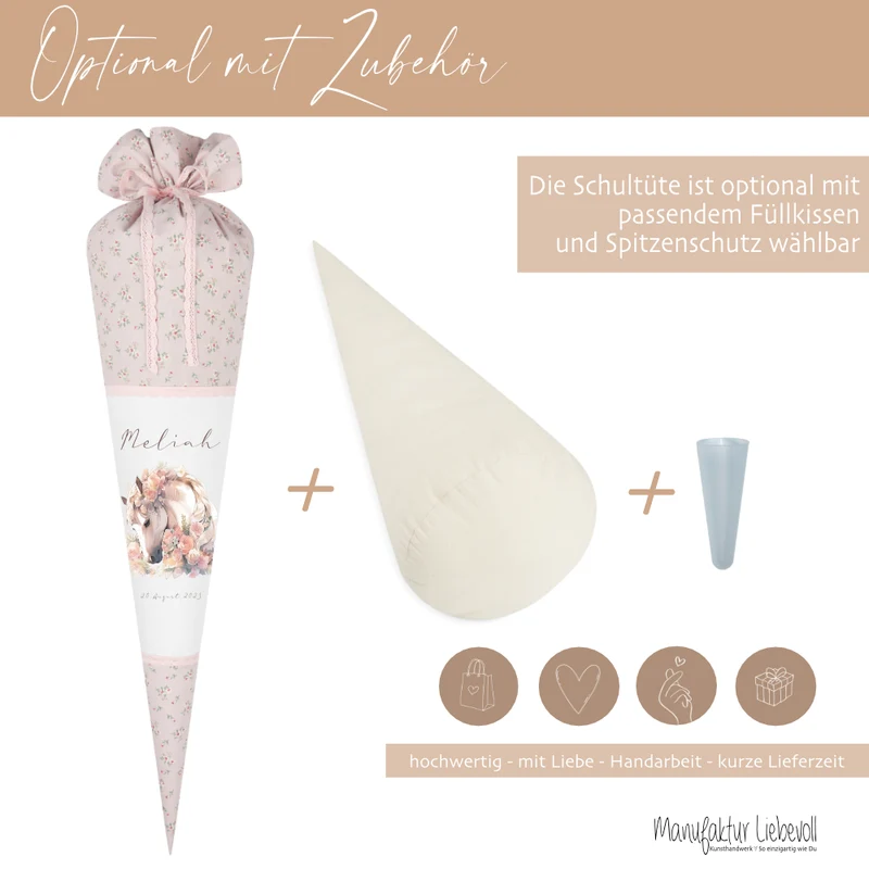 Personalisierte rosa Stoff Zuckertüte Pferd Schultüte Pony für Mädchen mit Namen Einschulungstüte Einschulung Datum Blumen Füllkissen 70 cm I Optional mit Füllkissen und Spitzenschutz