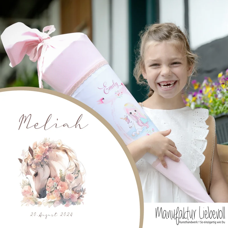 Personalisierte rosa Stoff Zuckertüte Pferd Schultüte Pony für Mädchen mit Namen Einschulungstüte Einschulung Datum Blumen Füllkissen 70 cm I Optional mit Füllkissen und Spitzenschutz