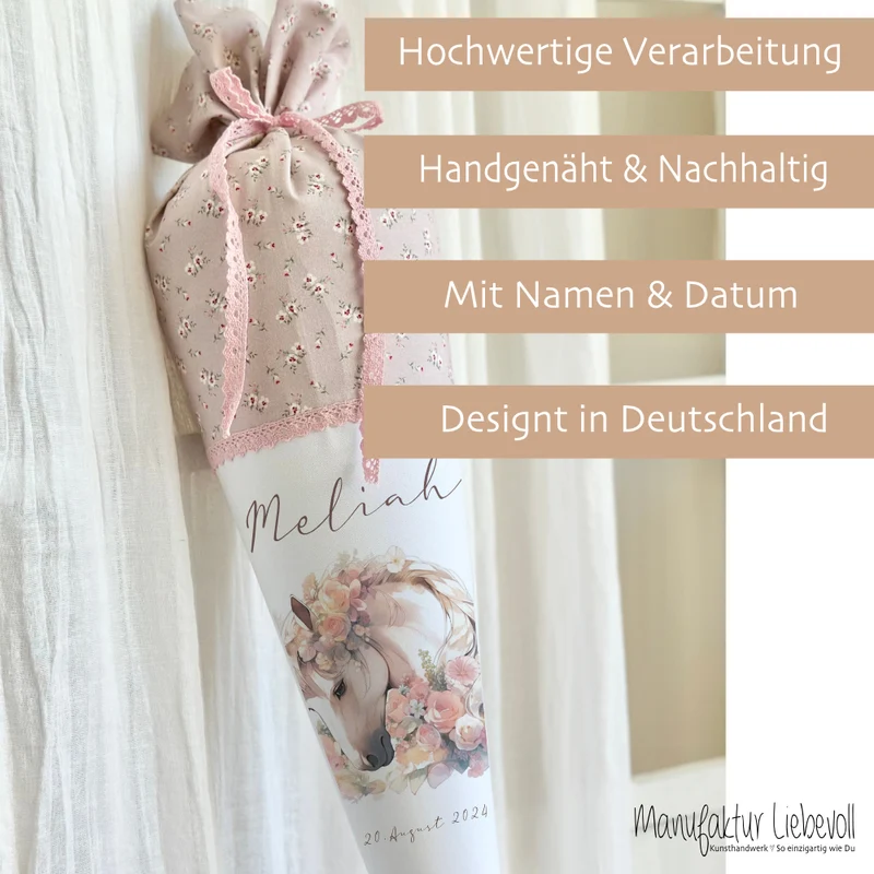 Personalisierte rosa Stoff Zuckertüte Pferd Schultüte Pony für Mädchen mit Namen Einschulungstüte Einschulung Datum Blumen Füllkissen 70 cm I Optional mit Füllkissen und Spitzenschutz