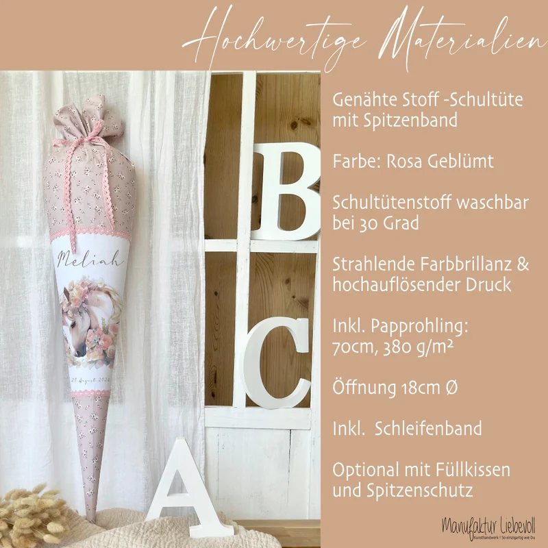 Personalisierte rosa Stoff Zuckertüte Pferd Schultüte Pony für Mädchen mit Namen Einschulungstüte Einschulung Datum Blumen Füllkissen 70 cm I Optional mit Füllkissen und Spitzenschutz