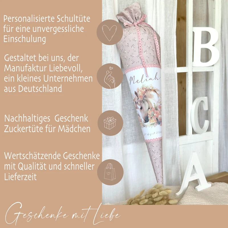 Personalisierte rosa Stoff Zuckertüte Pferd Schultüte Pony für Mädchen mit Namen Einschulungstüte Einschulung Datum Blumen Füllkissen 70 cm I Optional mit Füllkissen und Spitzenschutz