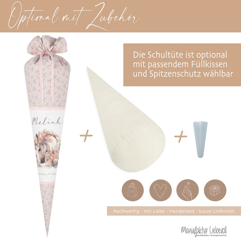 Personalisierte rosa Stoff Zuckertüte Pferd Schultüte Pony für Mädchen mit Namen Einschulungstüte Einschulung Datum Blumen Füllkissen 70 cm I Optional mit Füllkissen und Spitzenschutz