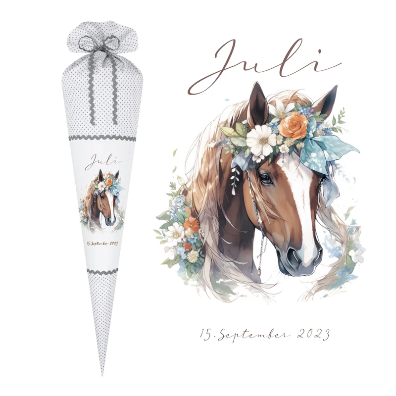 Pony Stoff Schultüte für Mädchen graue Zuckertüte Pferd Boho Name personalisiert Einschulungstüte Datum Blumen 70 cm I Optional mit Füllkissen und Spitzenschutz