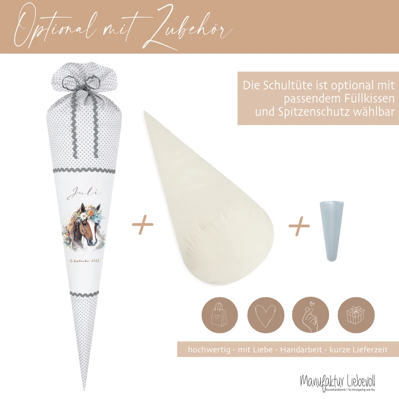 Pony Stoff Schultüte für Mädchen graue Zuckertüte Pferd Boho Name personalisiert Einschulungstüte Datum Blumen 70 cm I Optional mit Füllkissen und Spitzenschutz