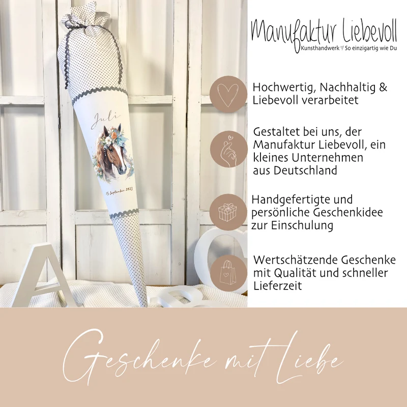 Pony Stoff Schultüte für Mädchen graue Zuckertüte Pferd Boho Name personalisiert Einschulungstüte Datum Blumen 70 cm I Optional mit Füllkissen und Spitzenschutz