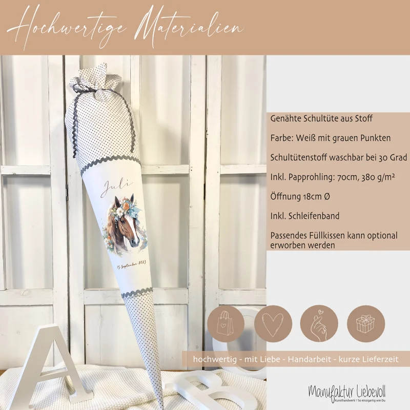Pony Stoff Schultüte für Mädchen graue Zuckertüte Pferd Boho Name personalisiert Einschulungstüte Datum Blumen 70 cm I Optional mit Füllkissen und Spitzenschutz