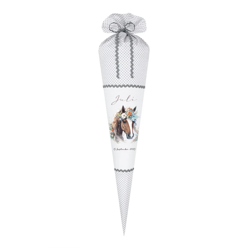 Pony Stoff Schultüte für Mädchen graue Zuckertüte Pferd Boho Name personalisiert Einschulungstüte Datum Blumen 70 cm I Optional mit Füllkissen und Spitzenschutz