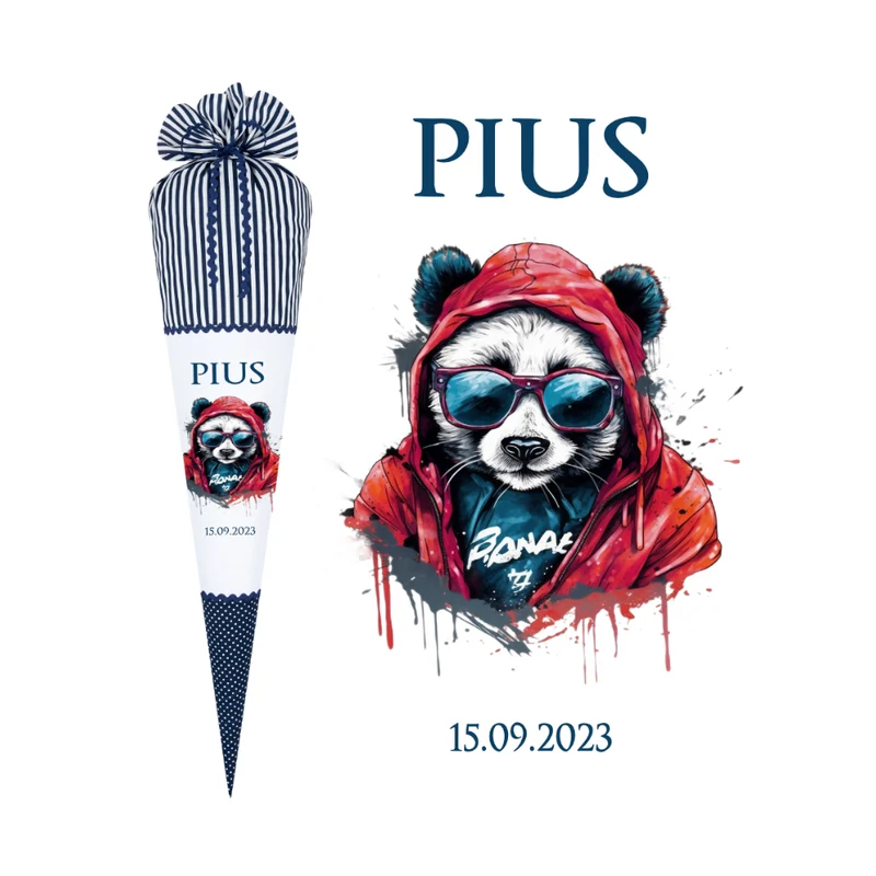 Panda Stoff Schultüte in Blau für Jungen mit Namen handgenähte Tier Einschulungstüte Datum Zuckertüte 70 cm personalisiert | Optional mit Füllkissen und Spitzenschutz