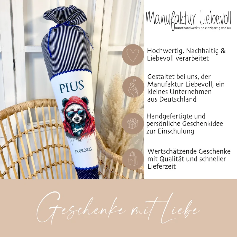 Panda Stoff Schultüte in Blau für Jungen mit Namen handgenähte Tier Einschulungstüte Datum Zuckertüte 70 cm personalisiert | Optional mit Füllkissen und Spitzenschutz
