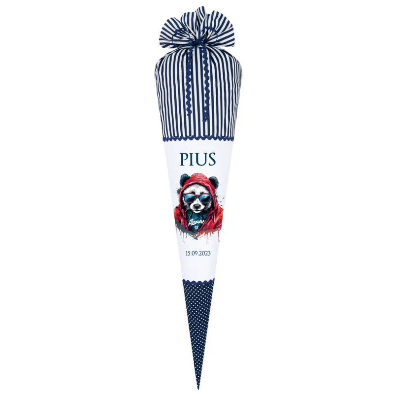 Panda Stoff Schultüte in Blau für Jungen mit Namen handgenähte Tier Einschulungstüte Datum Zuckertüte 70 cm personalisiert | Optional mit Füllkissen und Spitzenschutz